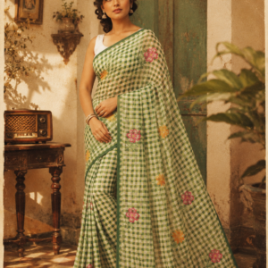Checkered with Floral Print Cotton Saree