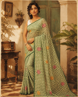 Checkered with Floral Print Cotton Saree