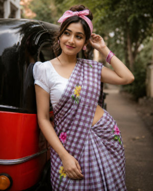 Checkered Print Purple & White Saree