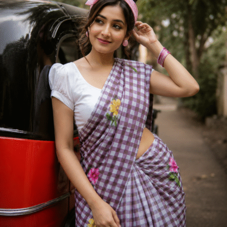 Checkered Print Purple & White Saree
