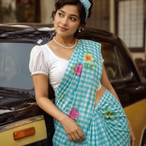 Checkered Print with Floral Design Aqua Green