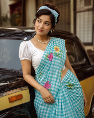Checkered Print with Floral Design Aqua Green