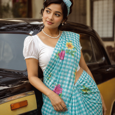 Checkered Print with Floral Design Aqua Green
