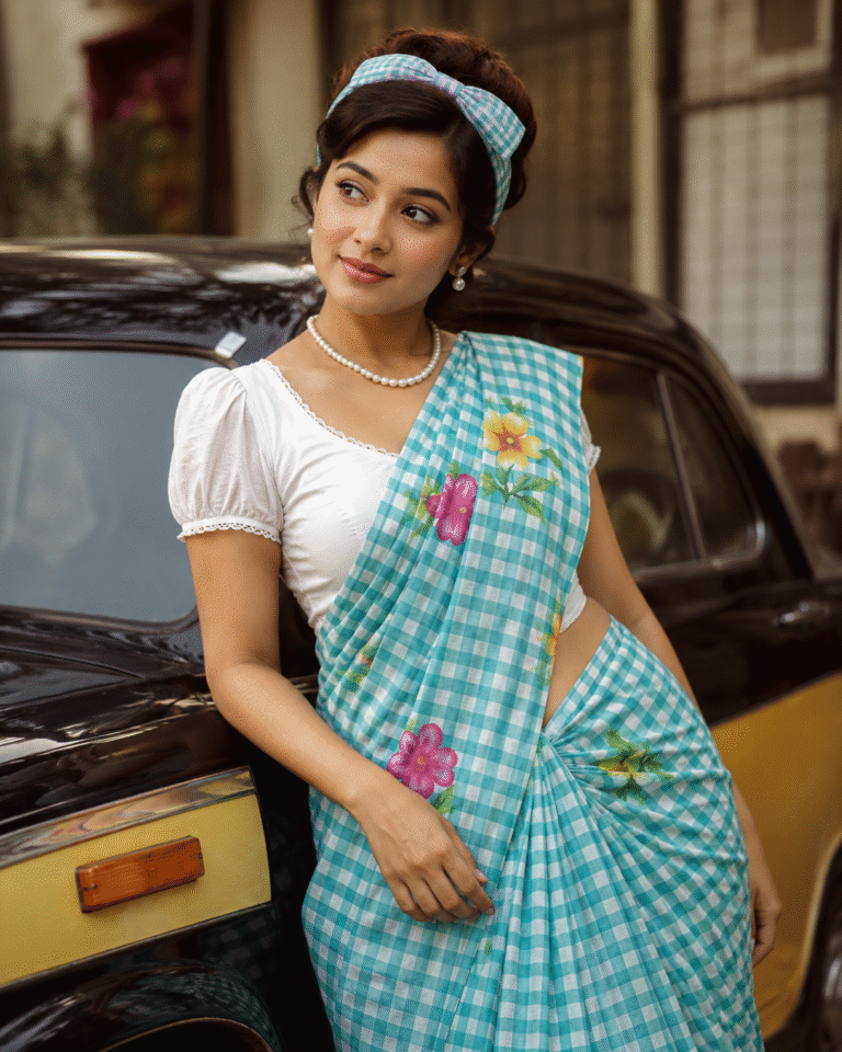 Checkered Print with Floral Design Aqua Green