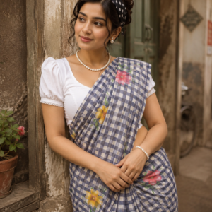 Black & White Checkered Print Cotton Saree