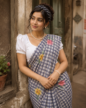 Black & White Checkered Print Cotton Saree