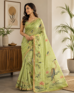 Kota Digital Print Pastel Green Saree