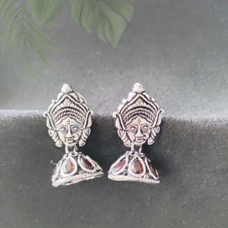 Goddess Durga Face Jhumki, Silver Plated Earrings