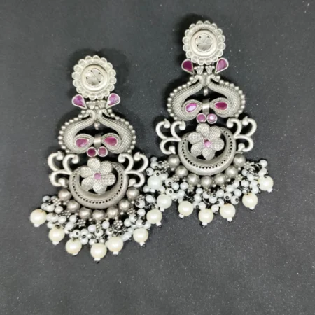 German Silver Plated Pink Meenakari Afghani Earrings