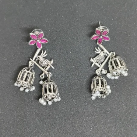 Long Bird and cage Design Earrings
