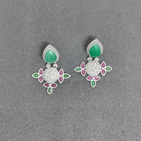 Leaf Shaped Stone Silver Finish Earrings