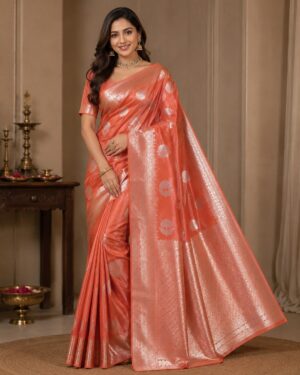 Silver Zari Woven Floral Motifs & Rich Zari Border