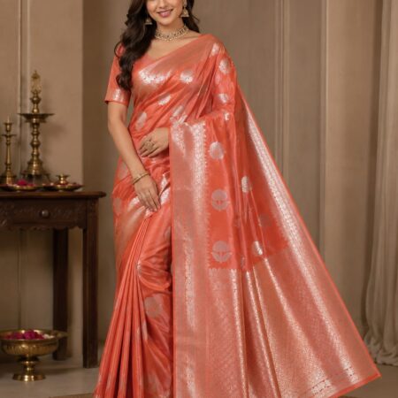 Silver Zari Woven Floral Motifs & Rich Zari Border